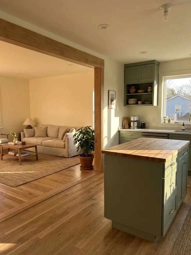 Color blocked sage green kitchen zone contrasting with a white living room