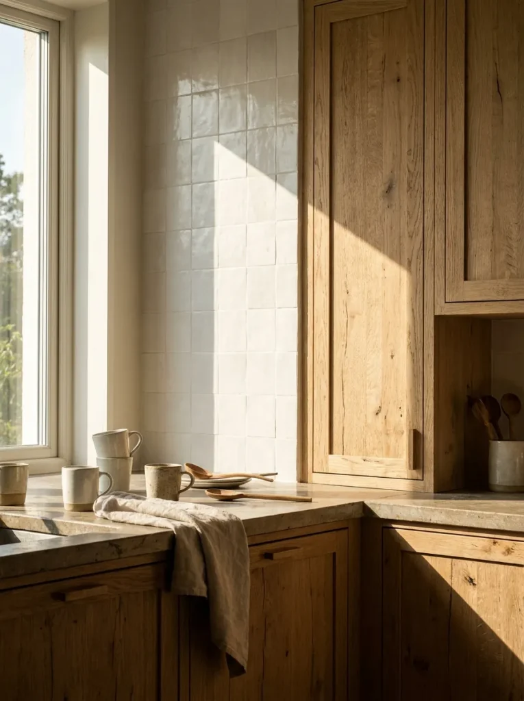 Velvety matte white tile backsplash in a sunlit oak kitchen