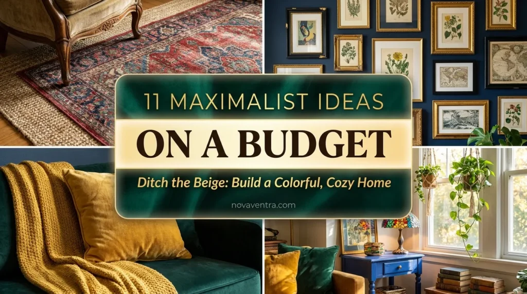 Maximalist living room ideas on a budget featuring layered rugs, thrifted gallery walls, velvet pillows, and colorful upcycled furniture for an eclectic home.