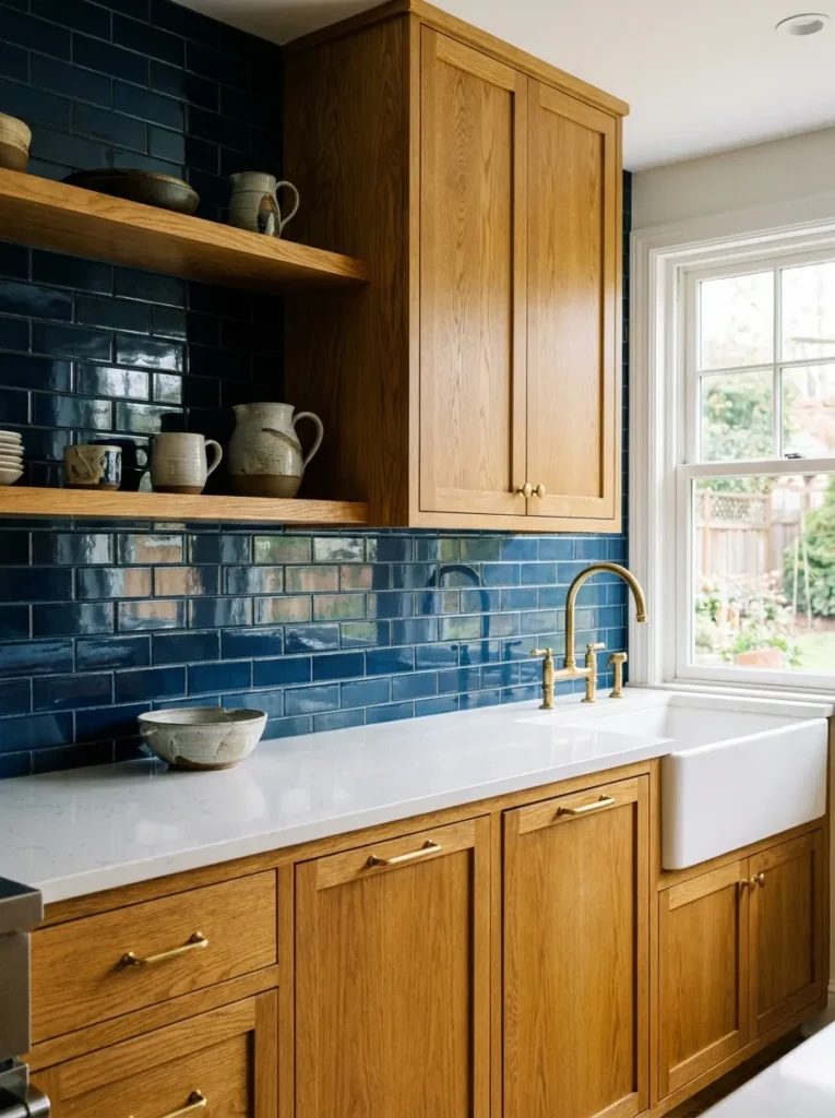 Midnight navy blue glossy tile backsplash with oak cabinets