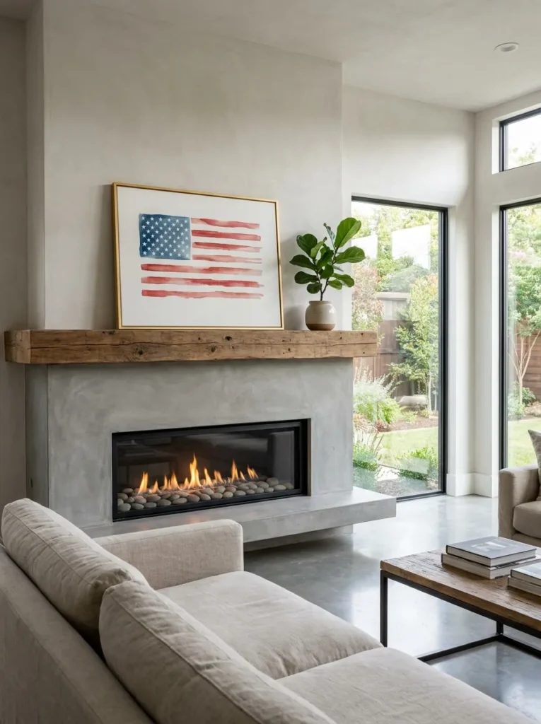 Minimalist American flag watercolor art print on a modern mantel.