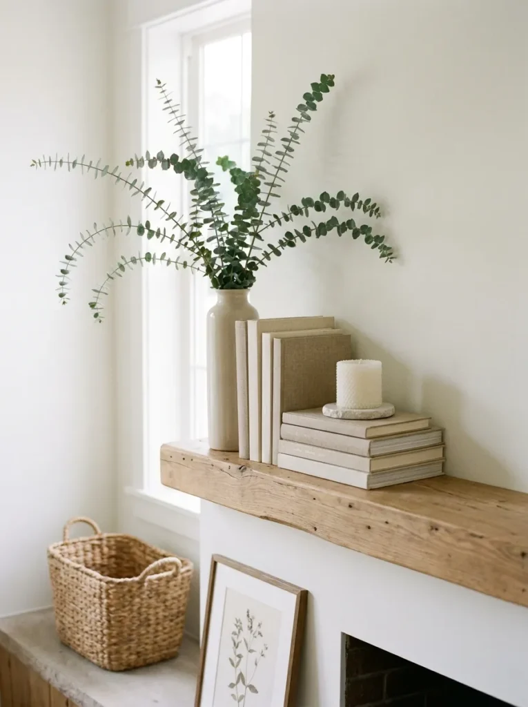 Minimalist summer mantel – clean 3-item budget decor