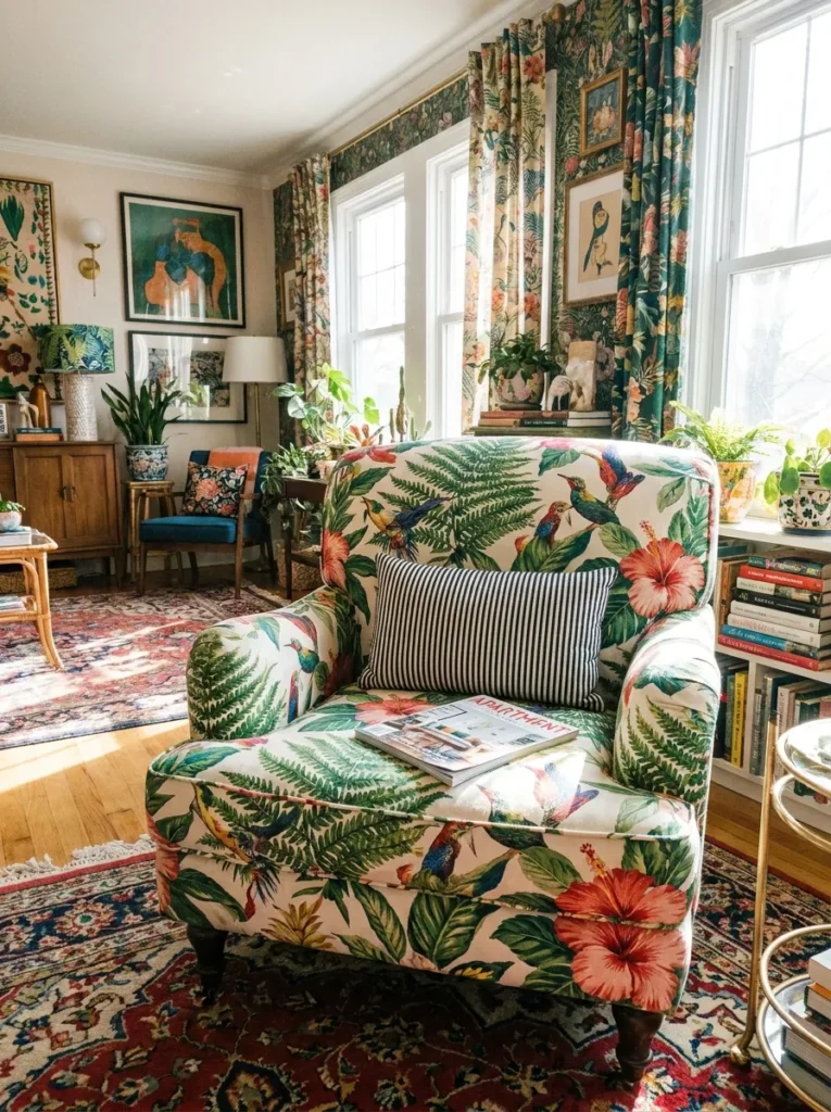 Mixing large floral chair pattern with small striped pillow – colorful pattern mixing