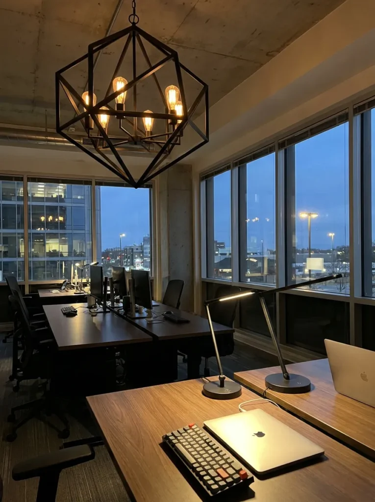 Modern black geometric ceiling light and desk task lamp setup