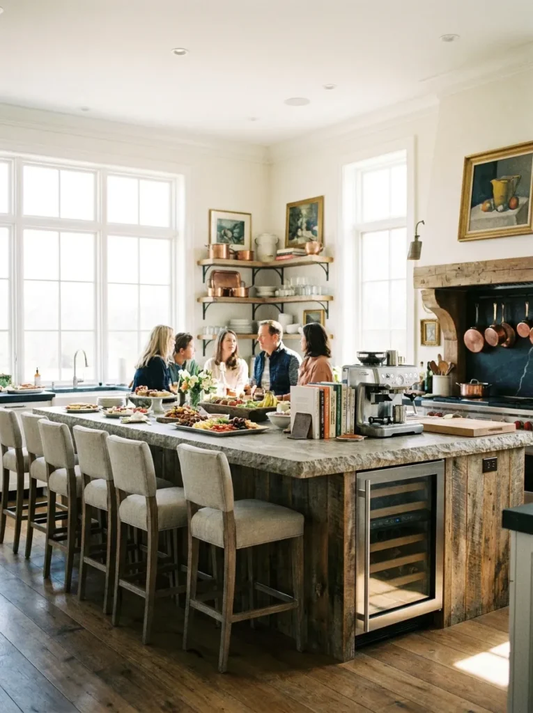 Large kitchen island with wraparound L-shaped seating overhang