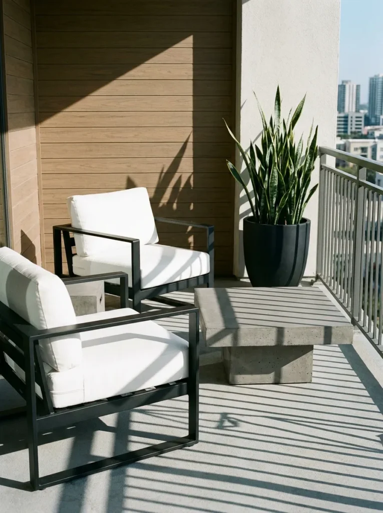 Modern minimalist balcony with black aluminum chairs and concrete table