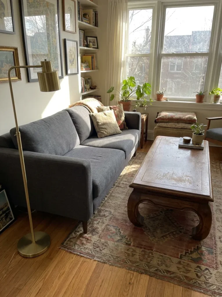 Modern sofa mixed with vintage 70s coffee table – mixing design eras on a budget