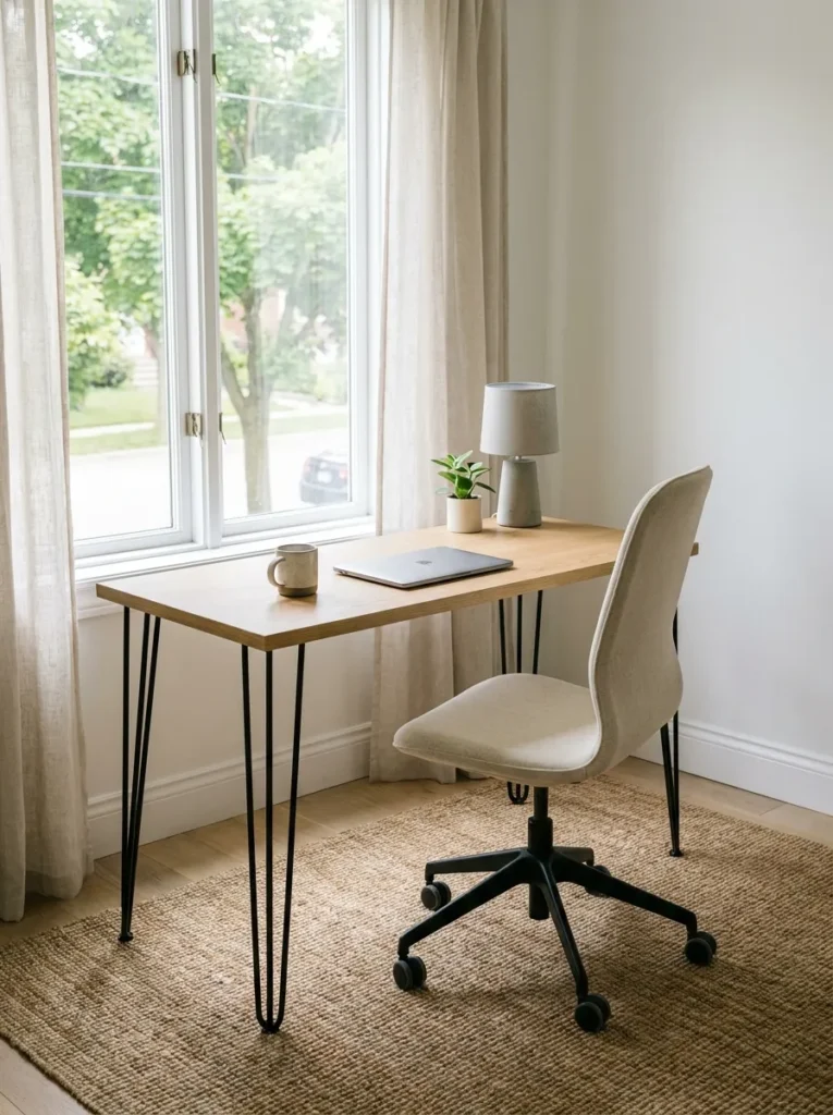 Light wood modern desk and cream ergonomic office chair
