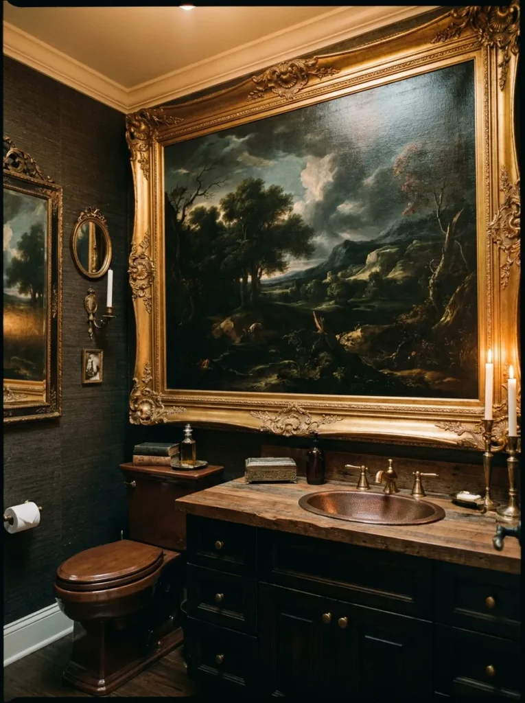Large vintage oil painting acting as a focal point in a powder room