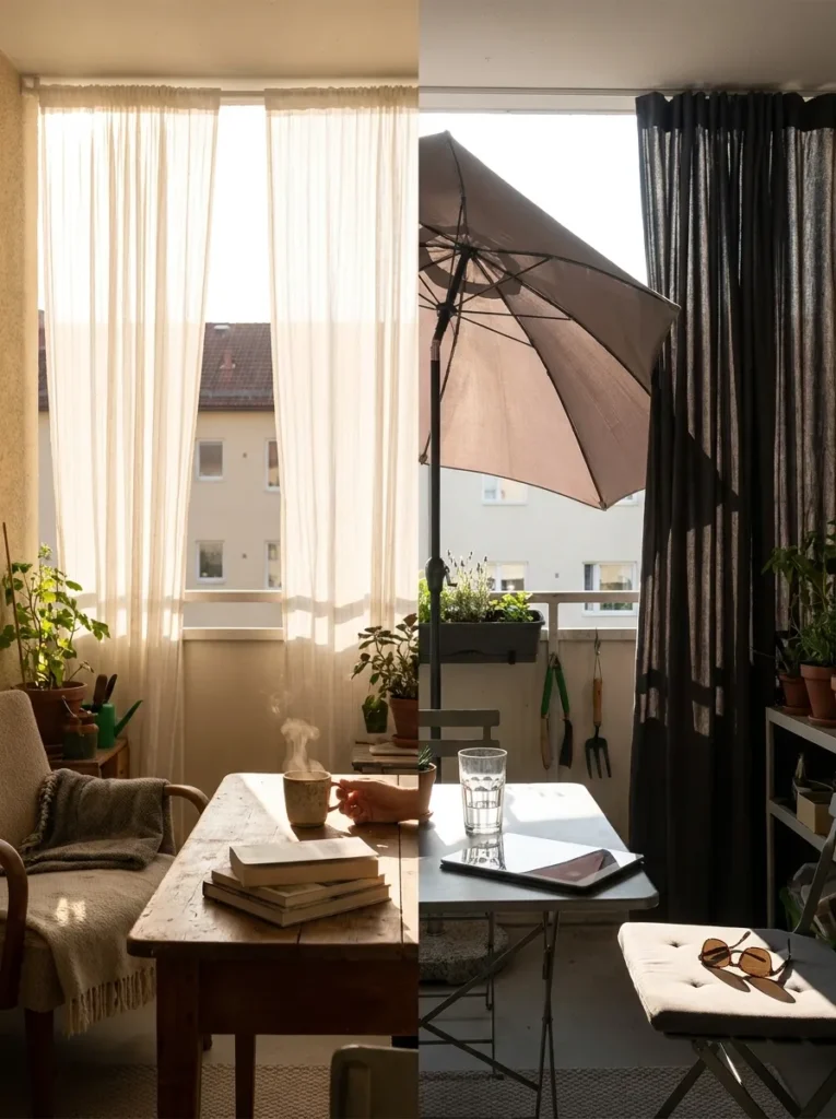 Balcony morning coffee setup versus afternoon shade fortress – adapting to the sun