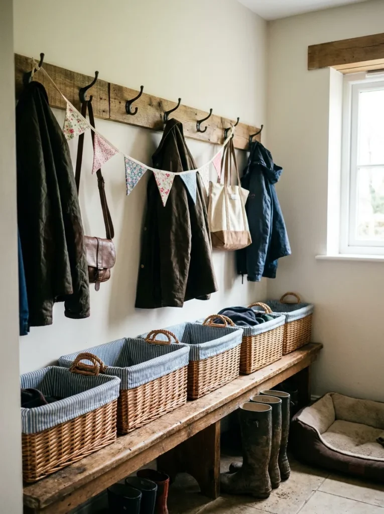 Mudroom with a patriotic bunting and organized wicker baskets.