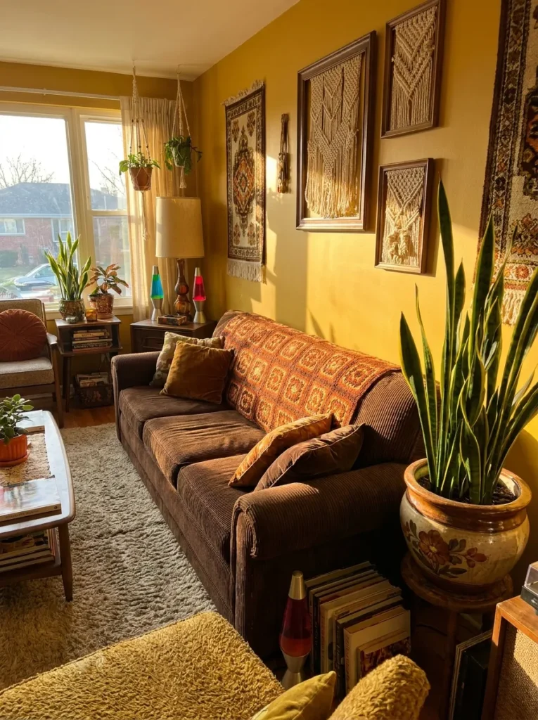 Mustard yellow walls with chocolate brown corduroy sofa – retro 70s colorful maximalism