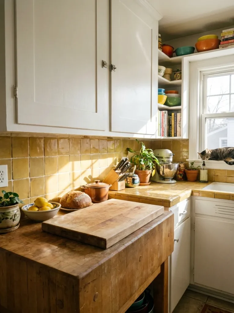 Muted mustard yellow tile backsplash brightening a white kitchen