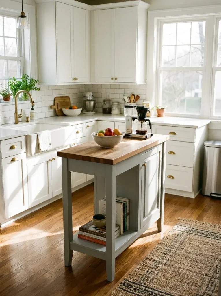 Sleek narrow island in a small L-shaped kitchen layout