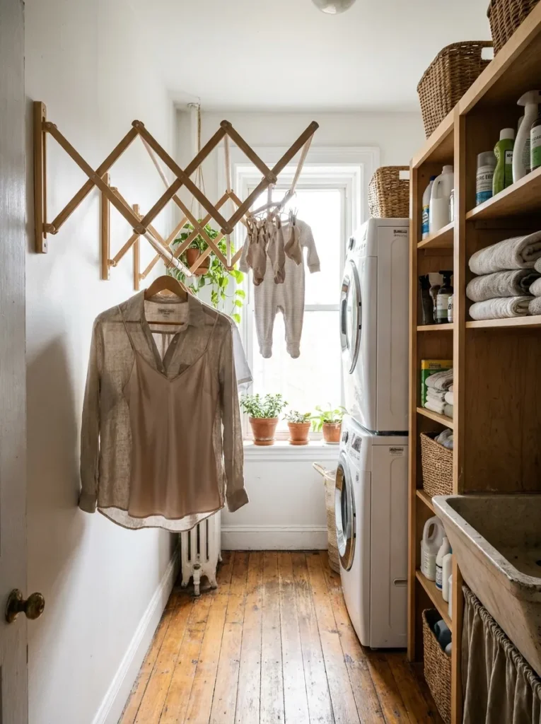 Wall mounted wooden accordion drying rack in a narrow laundry room