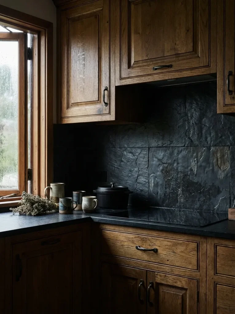 Natural black slate backsplash paired with warm oak kitchen cabinets
