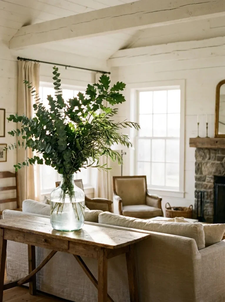 Large glass jug with fresh green branches in a bright living room.