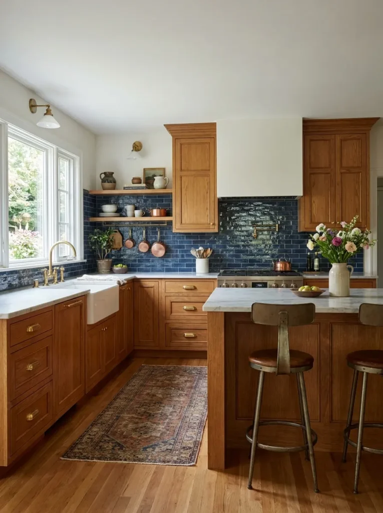 Deep navy blue tile backsplash contrasting with 90s oak cabinets