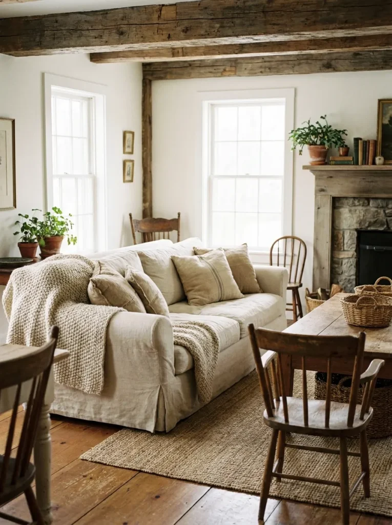 Neutral base with layered textiles – warm rustic farmhouse foundation