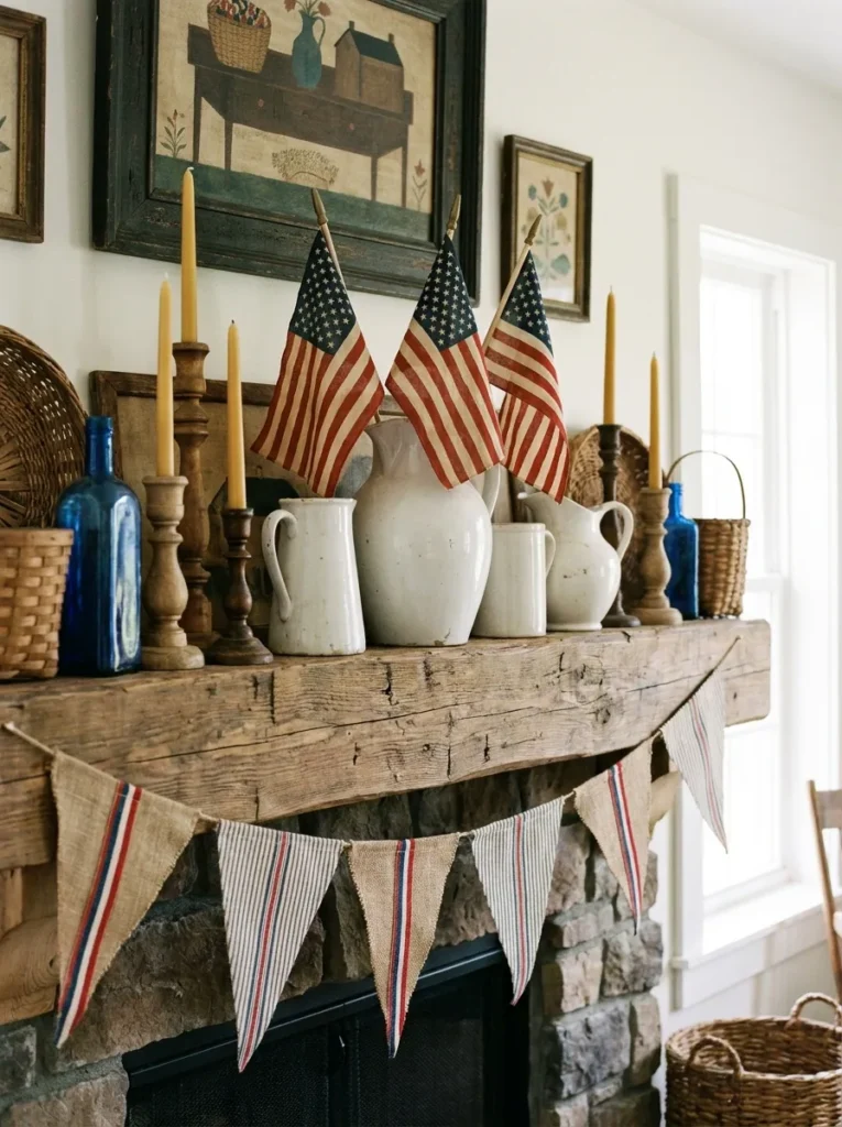 Farmhouse mantel with neutral white pitchers and small patriotic flags.
