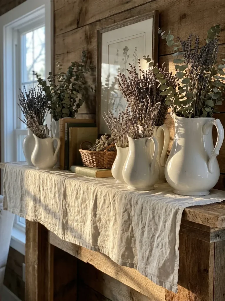 Neutral linen base with white pitchers – simple fix for bare summer mantel