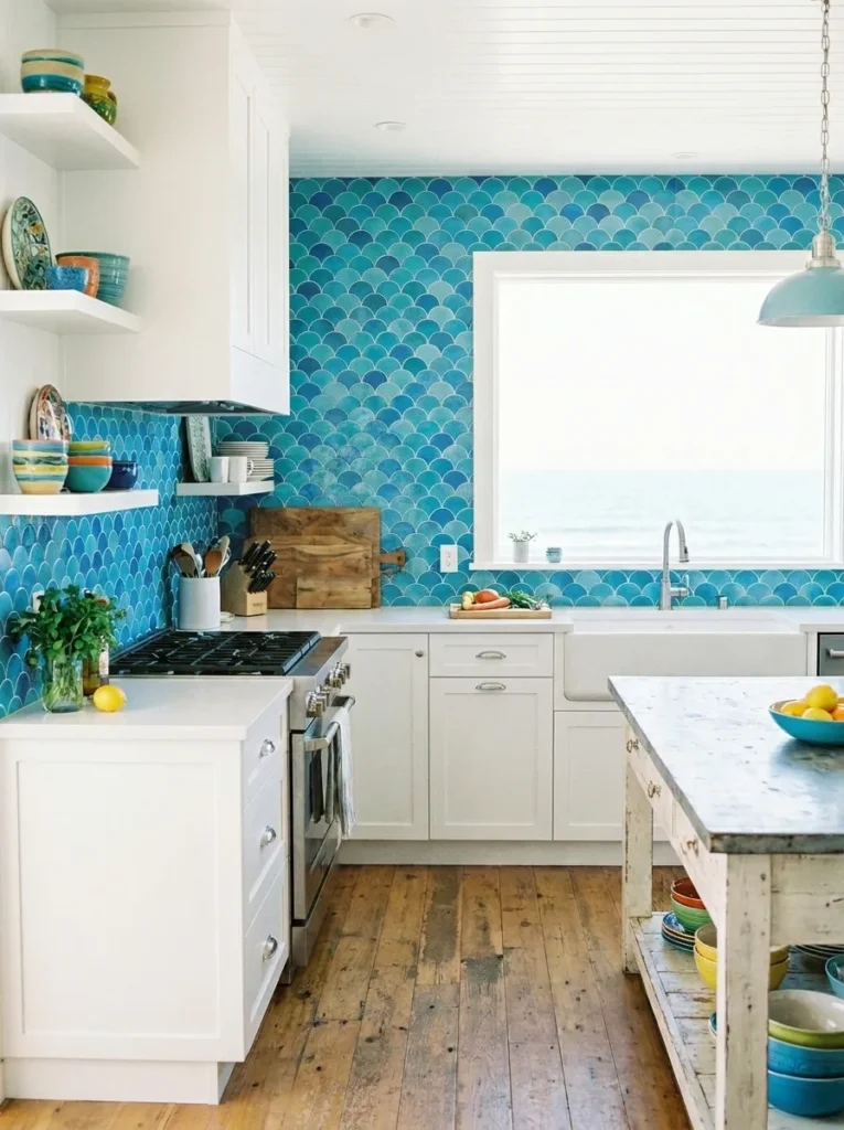 Ocean blue scalloped fish scale tile in a white kitchen