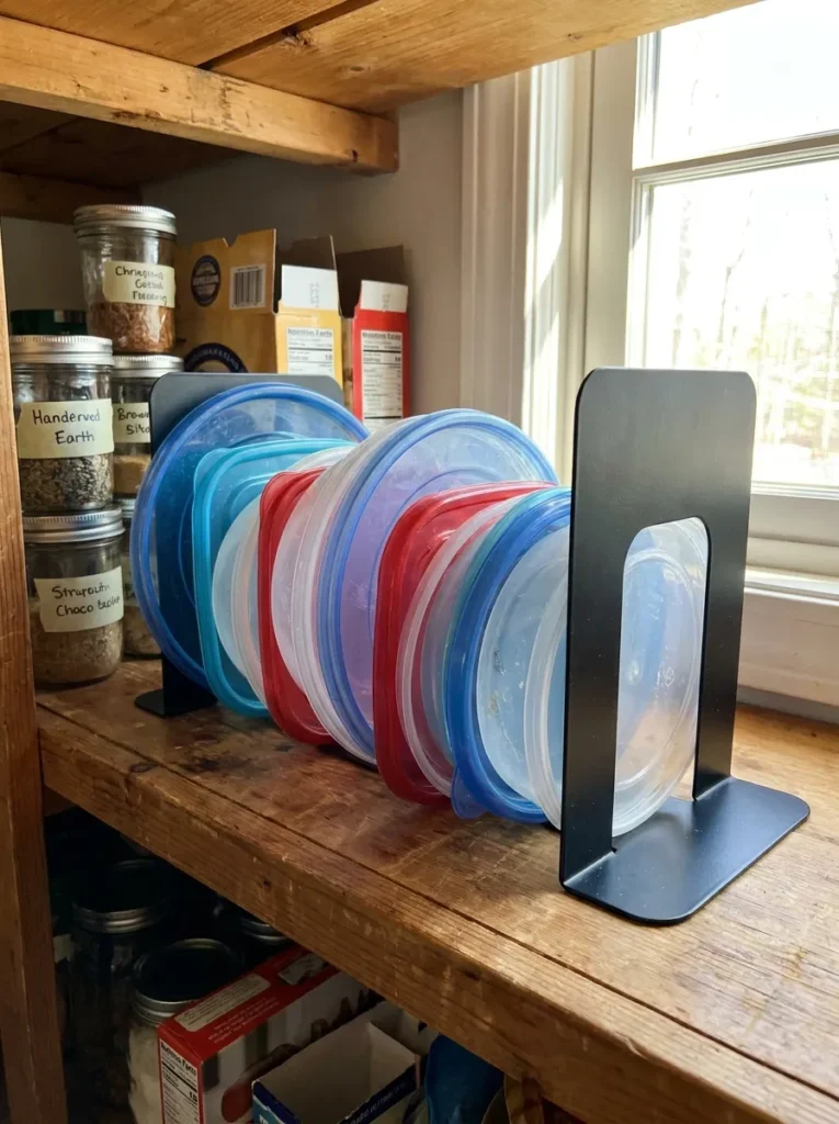 Metal office bookends holding plastic food lids upright on a shelf