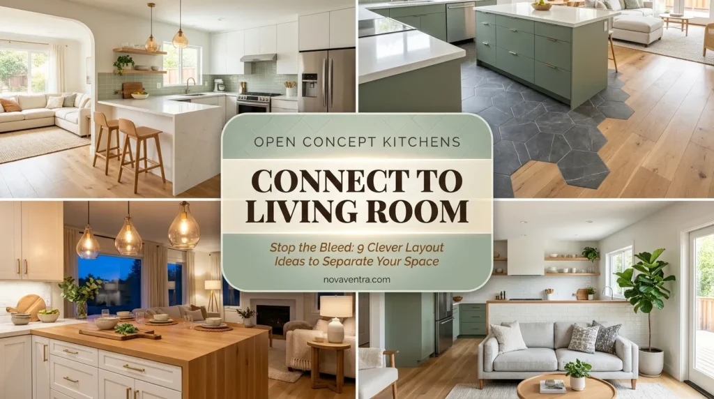 Open concept small kitchen layout ideas featuring a white quartz peninsula, interlocking tile to wood floor transitions, sage green accent cabinets, and low-hanging pendant lights.