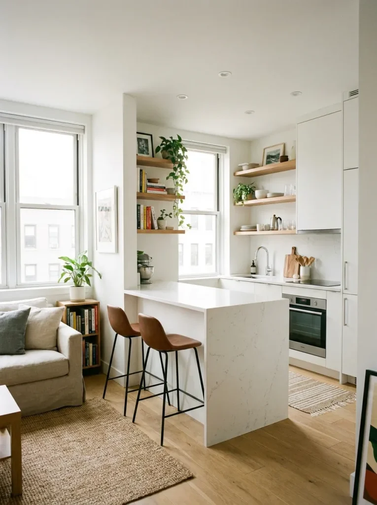 White quartz peninsula separating a small open kitchen from the living room