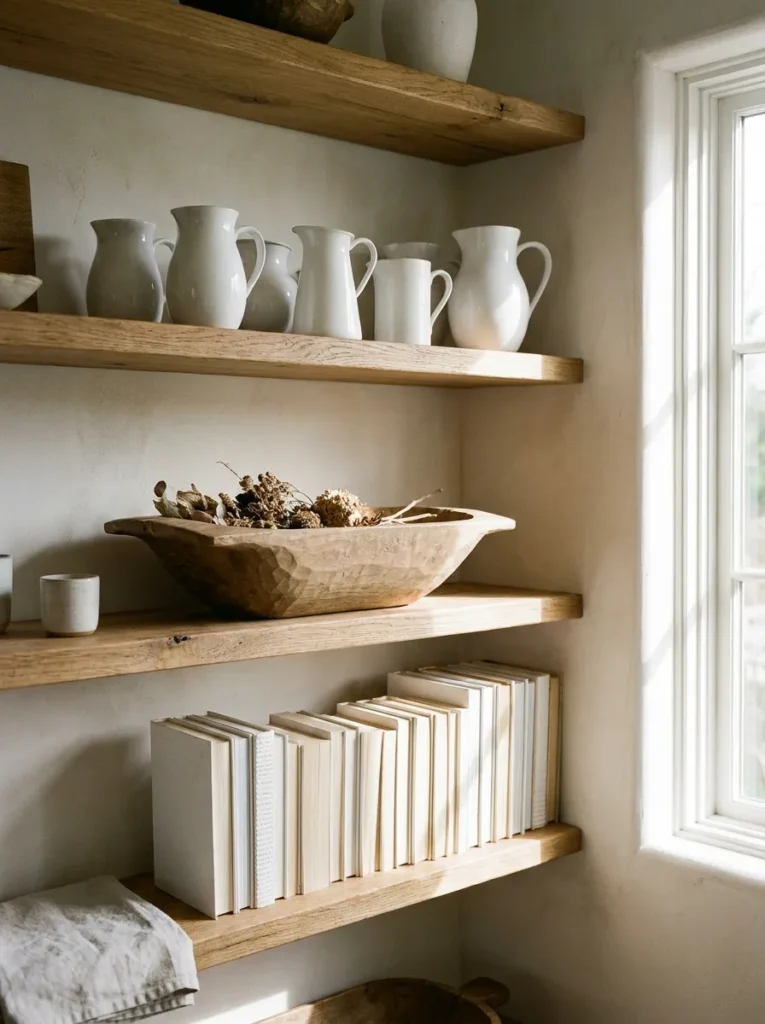 Open shelving styled with white ironstone and rustic wood.