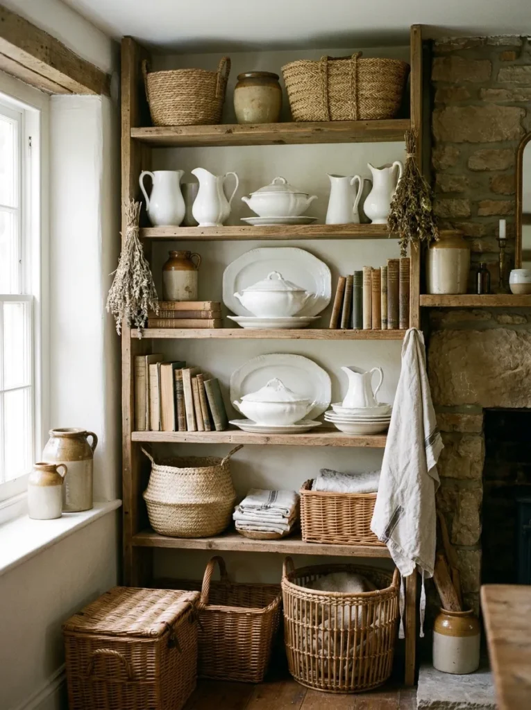 Open shelving for farmhouse cottage interior – practical and pretty