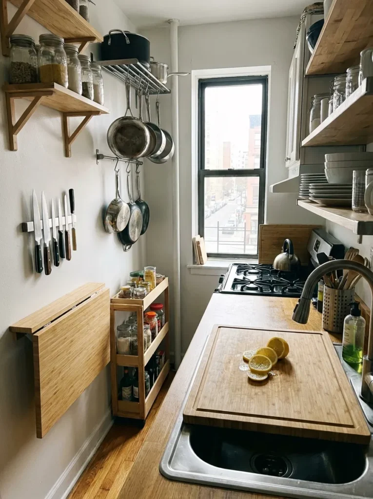 Over the sink wooden cutting board creating extra counter space