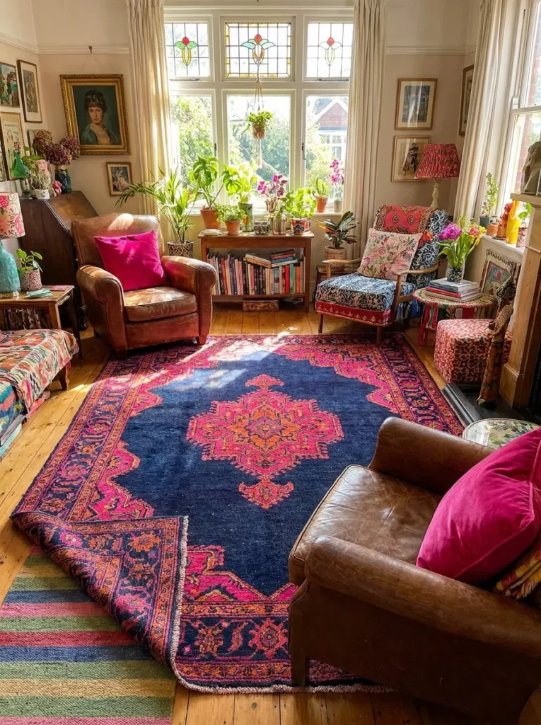 Over-dyed vintage Persian rug with pink and tangerine accents – colorful maximalist flooring