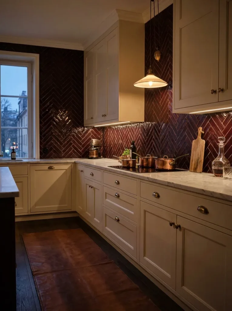 Deep oxblood burgundy herringbone tile against white cabinets