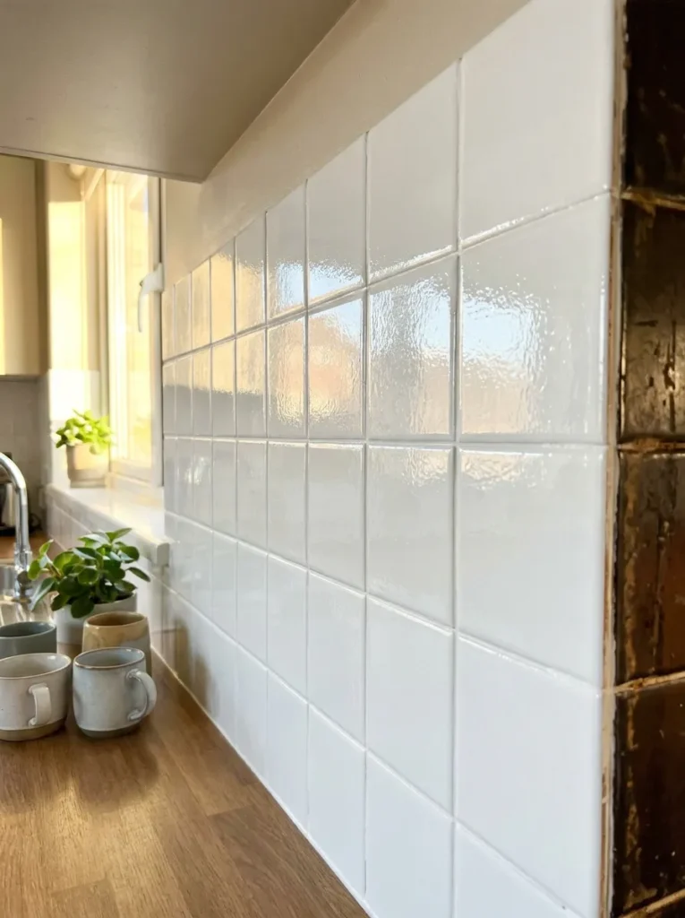Dated kitchen tile backsplash painted in a fresh bright white