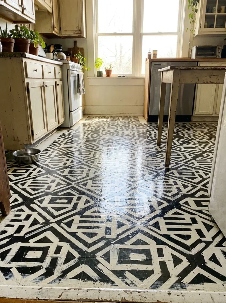 Old kitchen floor painted and stenciled with a black and white pattern