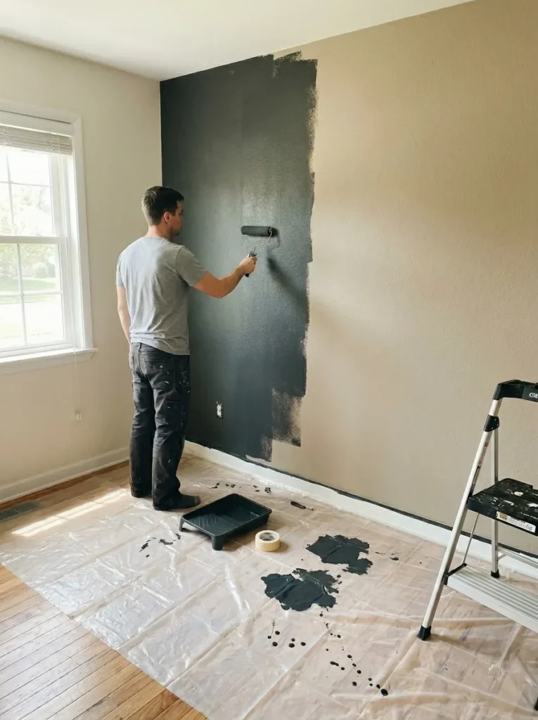Charcoal gray accent wall paint transition for home office setup