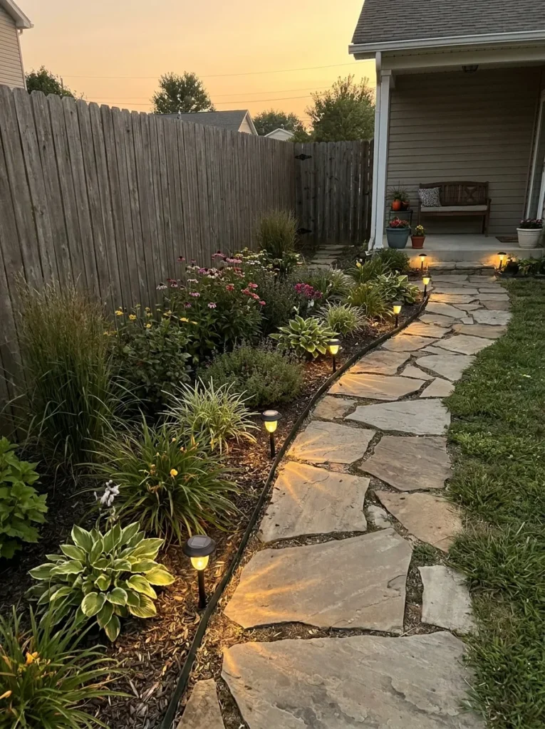 Pathway and lighting for front yard flower bed – finished professional look