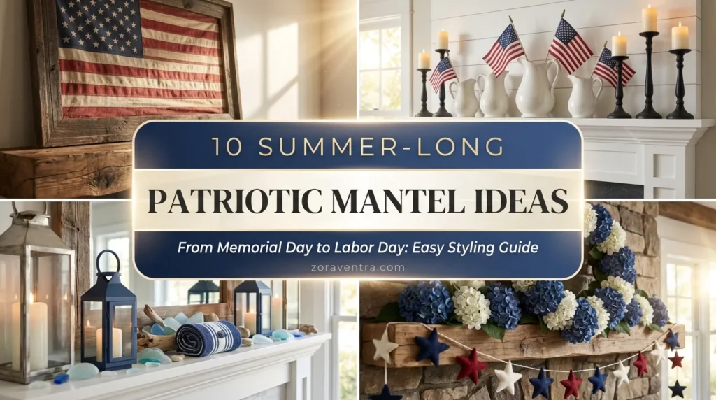 High-end patriotic mantel decor ideas featuring vintage flags, farmhouse pitchers, and elegant 2x2 collage fireplace settings.
