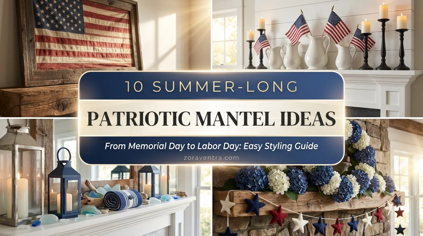 High-end patriotic mantel decor ideas featuring vintage flags, farmhouse pitchers, and elegant 2x2 collage fireplace settings.