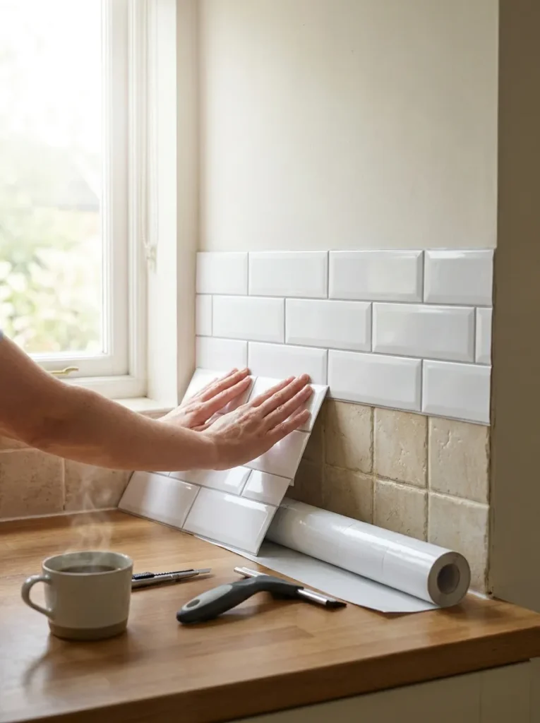 White peel and stick subway tile backsplash over old kitchen tile