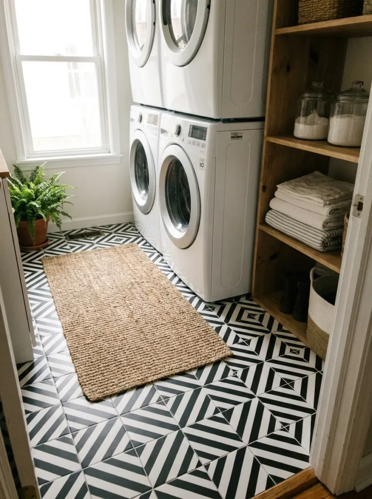 Black and white geometric peel and stick tile floor in a laundry room