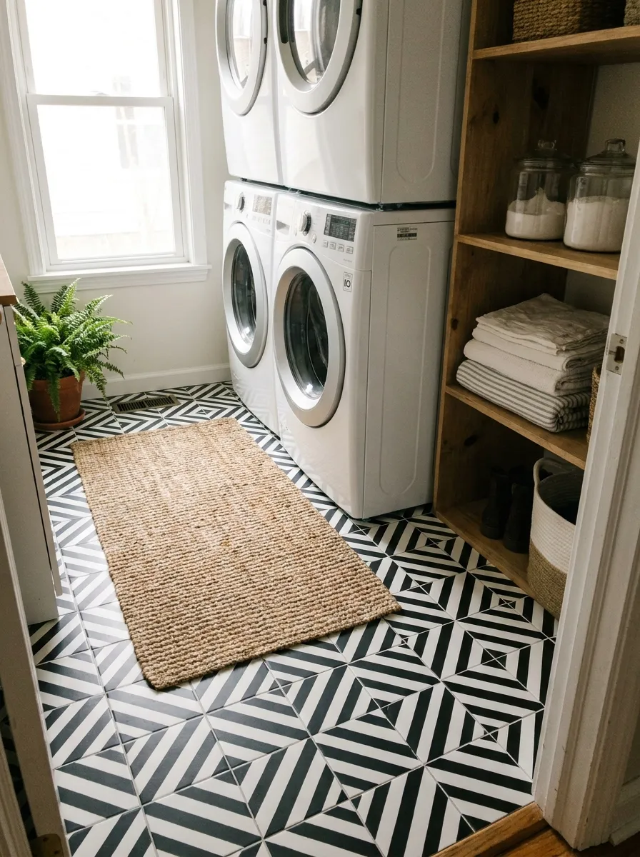 Geometric peel-and-stick tile floor in a laundry room