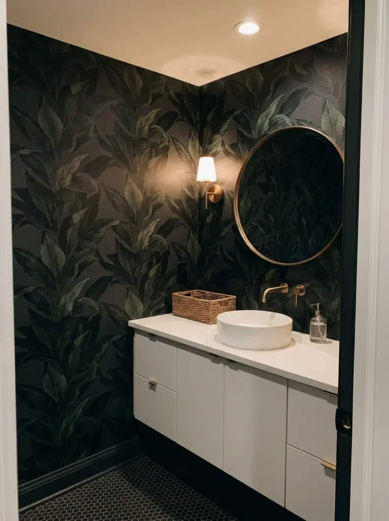 Dark botanical peel and stick wallpaper in a small powder room