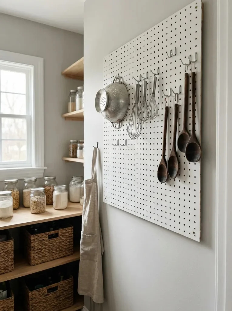 White pegboard wall in a pantry holding kitchen utensils