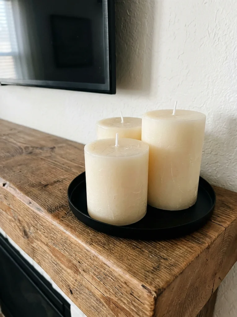 Cluster of ivory pillar candles on a mantel under a TV.