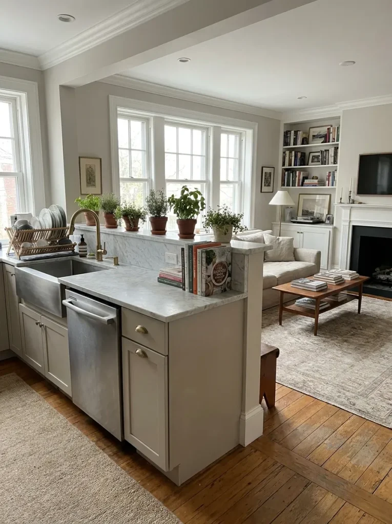 Elevated pony wall backsplash blocking view of kitchen mess from living room