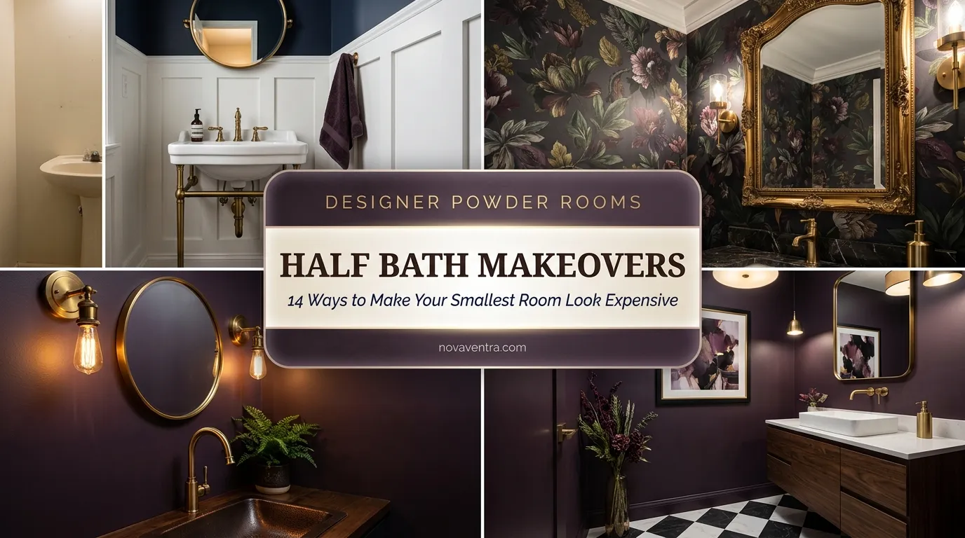 Half bath remodel before and after featuring moody powder room ideas, peel and stick wallpaper, brass hardware, and elegant wainscoting.