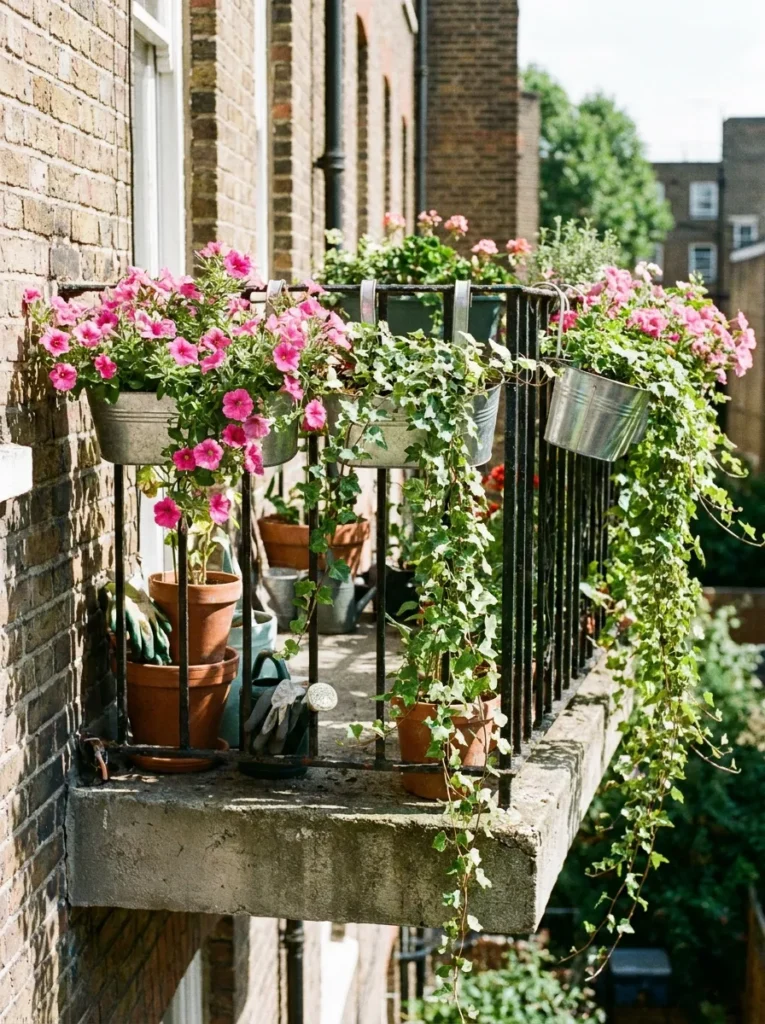 Over-the-railing planters with trailing pink flowers – vertical plant zone for tiny balconies