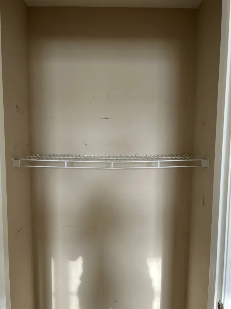 Empty apartment reach-in closet before a home office transformation